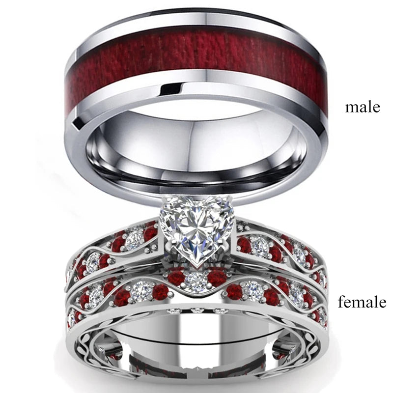 Carofeez Couple Ring Jewelry 8mm Stainless Steel Red Imitation Wood Men Ring Women's Heart Zircon Engagement Ring Wedding Band