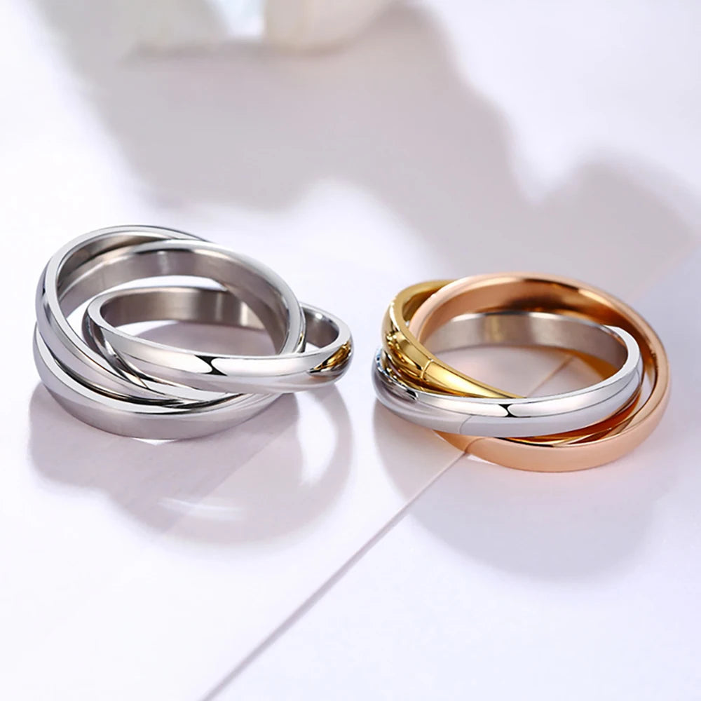 Classic 3 Rounds Ring Sets Women Stainless Steel Wedding Engagement Female Finger Jewelry