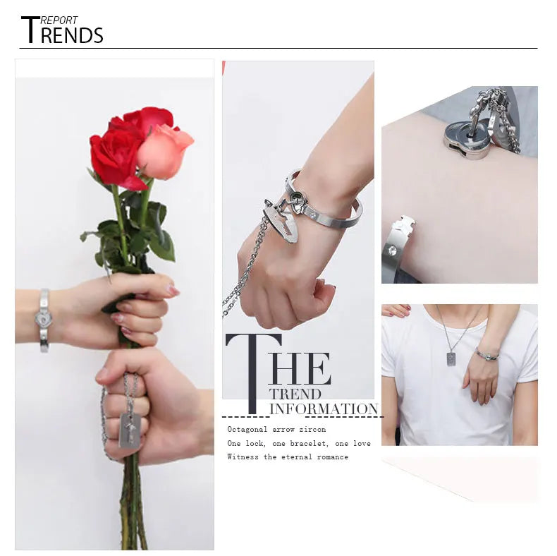 Couple Jewelry Stainless Steel Bracelet Love Heart Lock Bracelets Bangles Key Pendant Necklace for Women Men Lover Jewelry Gift