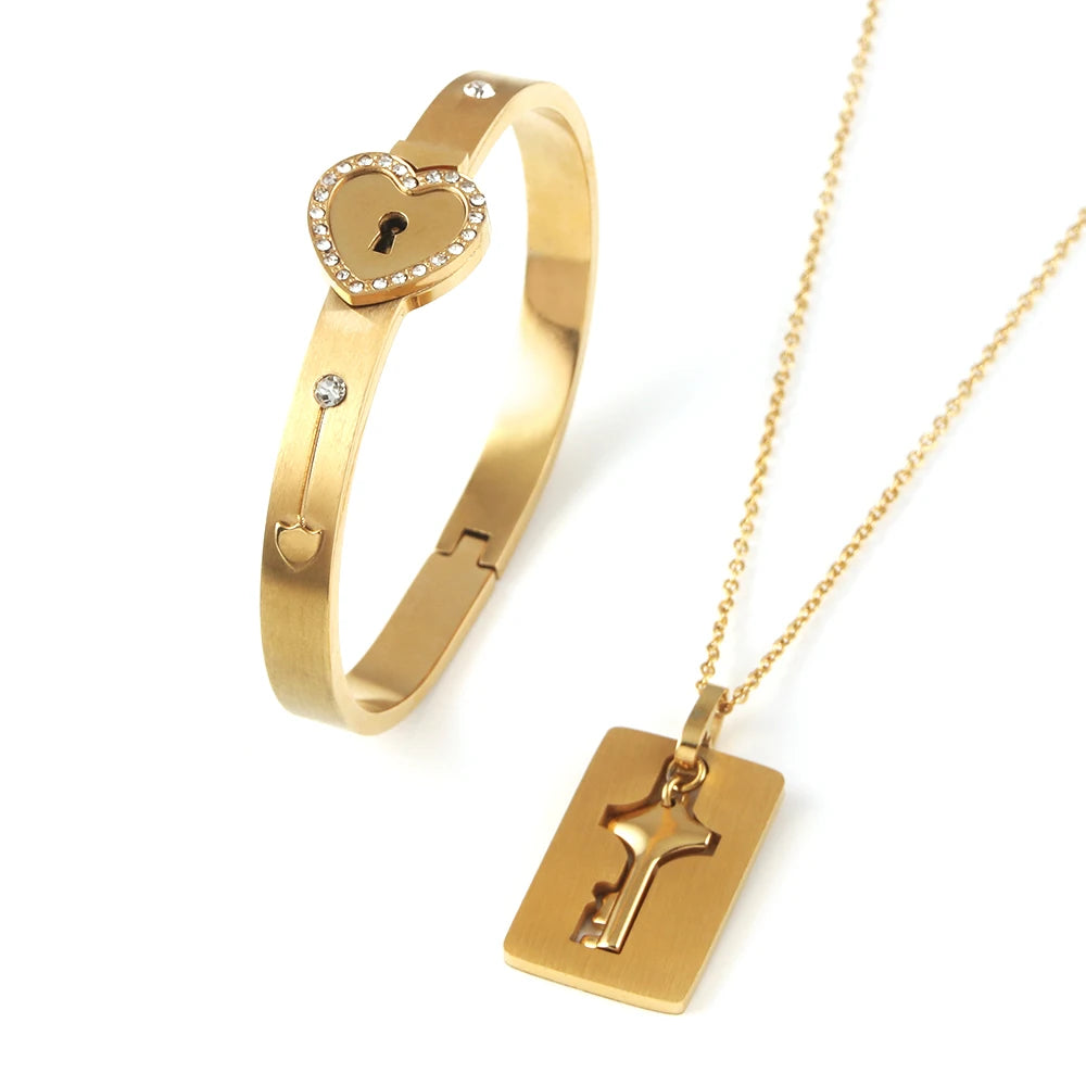 Couple Jewelry Stainless Steel Bracelet Love Heart Lock Bracelets Bangles Key Pendant Necklace for Women Men Lover Jewelry Gift