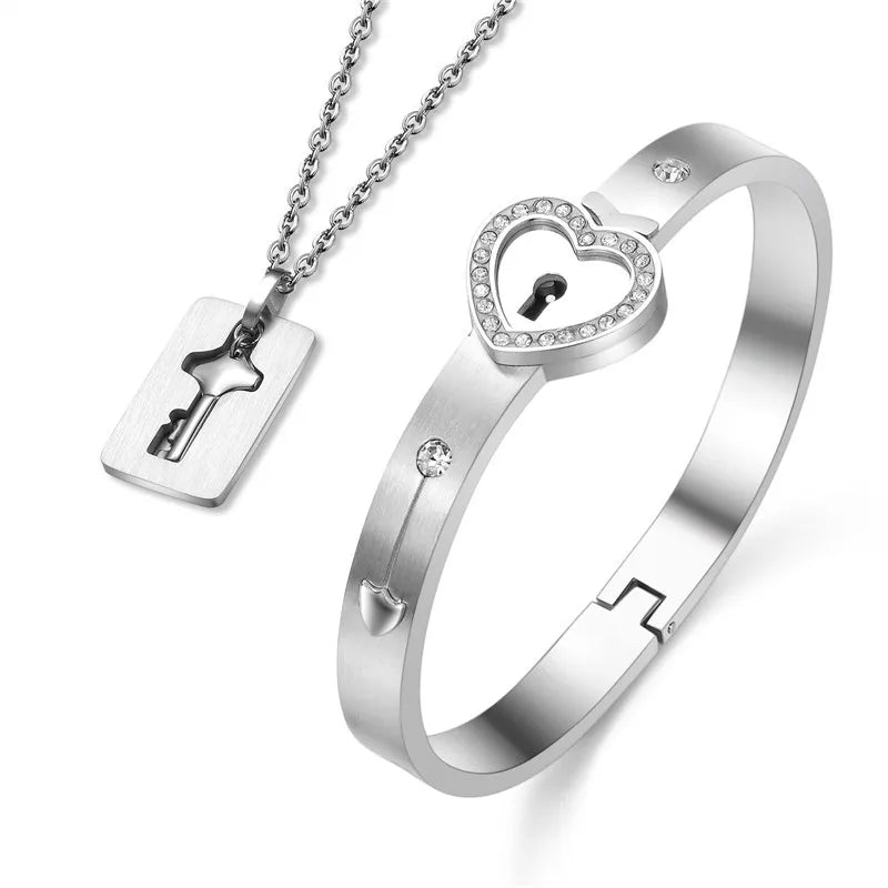 Couple Jewelry Stainless Steel Bracelet Love Heart Lock Bracelets Bangles Key Pendant Necklace for Women Men Lover Jewelry Gift