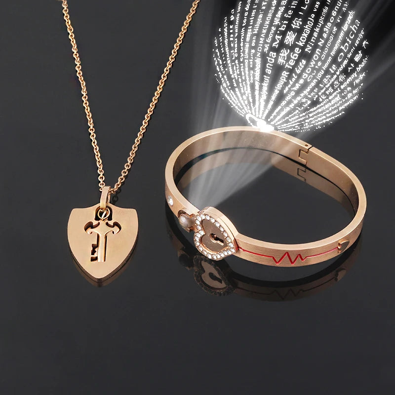 Couple Jewelry Stainless Steel Bracelet Love Heart Lock Bracelets Bangles Key Pendant Necklace for Women Men Lover Jewelry Gift