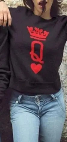 Women Men King Queen Black Hoodies Letter Printing Sweatshirts O Neck Couple Lover Pullover Spring Autumn
