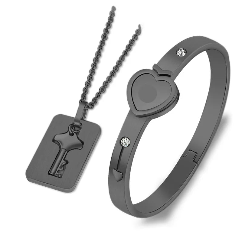 Couple Jewelry Stainless Steel Bracelet Love Heart Lock Bracelets Bangles Key Pendant Necklace for Women Men Lover Jewelry Gift