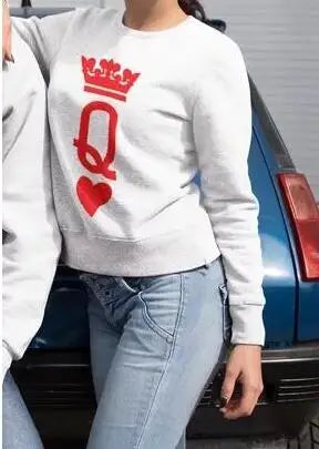 Women Men King Queen Black Hoodies Letter Printing Sweatshirts O Neck Couple Lover Pullover Spring Autumn