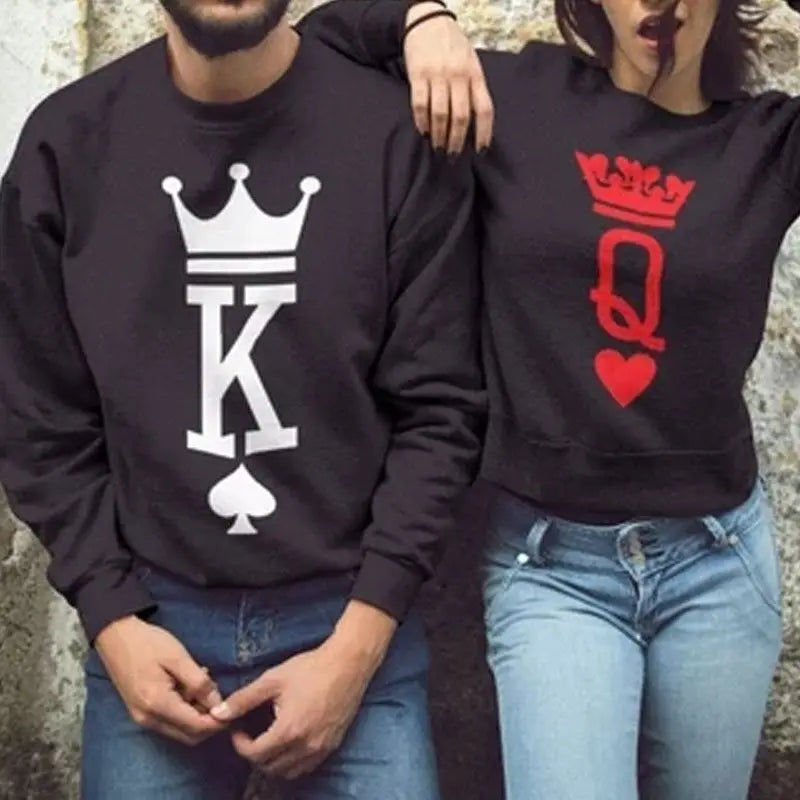 Women Men King Queen Black Hoodies Letter Printing Sweatshirts O Neck Couple Lover Pullover Spring Autumn