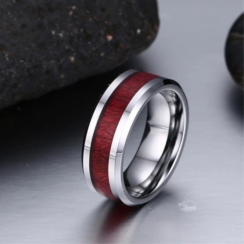 Carofeez Couple Ring Jewelry 8mm Stainless Steel Red Imitation Wood Men Ring Women's Heart Zircon Engagement Ring Wedding Band