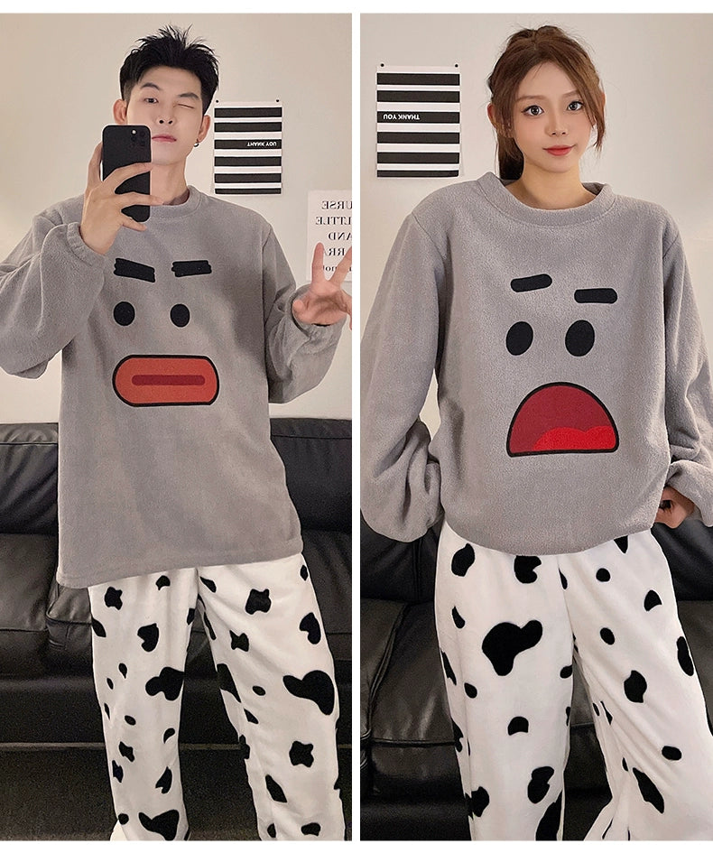 Autumn and Winter Coral Fleece Couple Pajamas Women's Flannel Cartoon Cute Women's Suit Winter Men's Home Wear