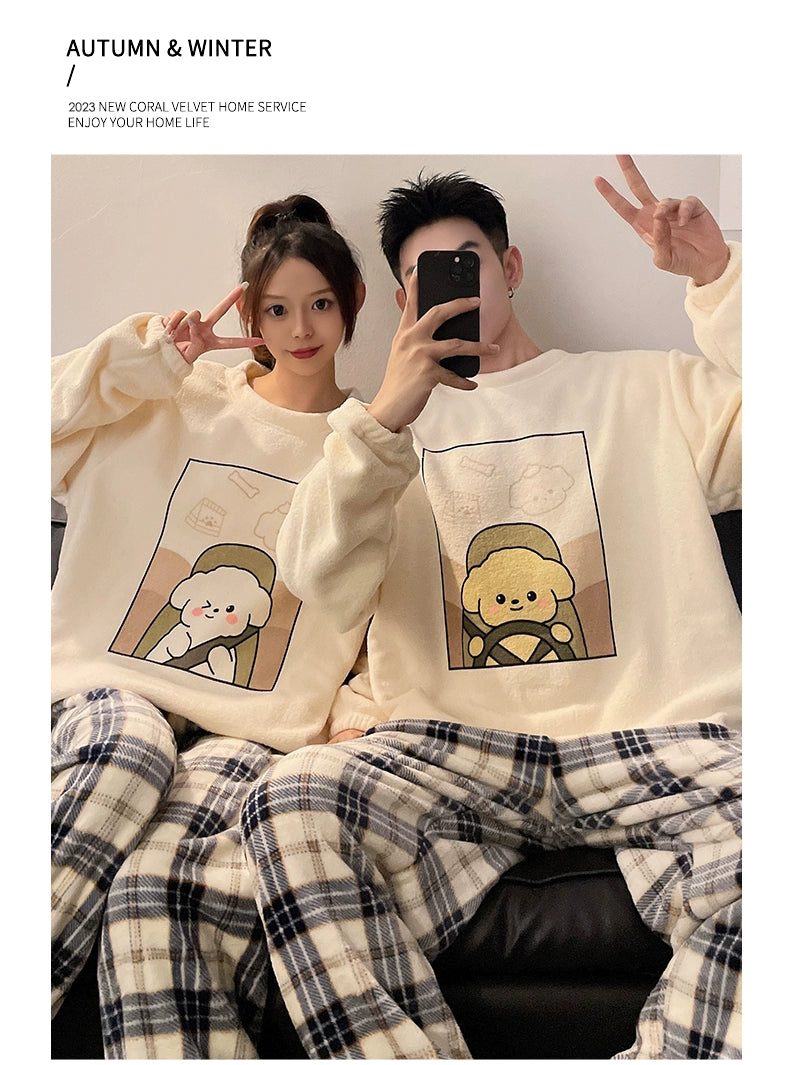 Autumn and Winter Coral Fleece Couple Pajamas Women's Flannel Cartoon Cute Women's Suit Winter Men's Home Wear