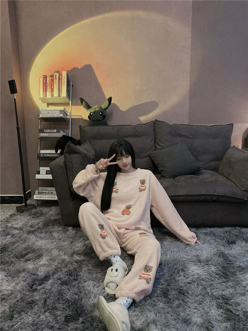 South Korea Bear Women's Thickened Flannel Couple Pajamas