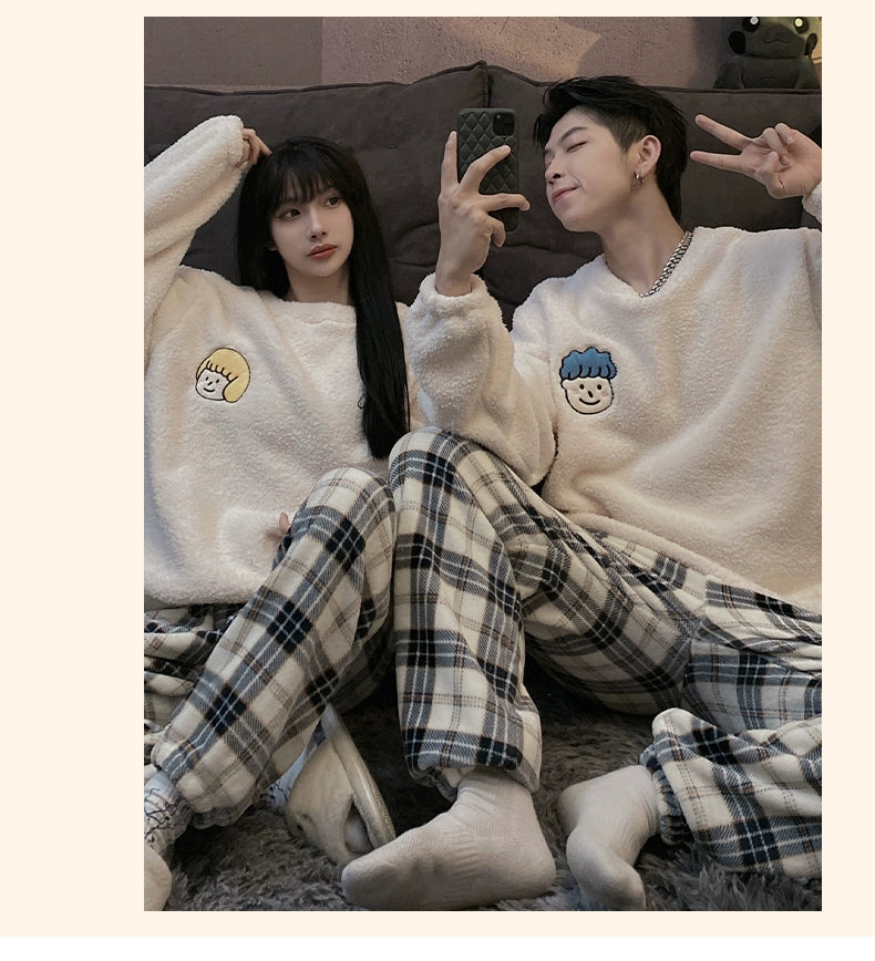 Autumn and Winter Coral Fleece Couple Pajamas Women's Flannel Cartoon Cute Women's Suit Winter Men's Home Wear