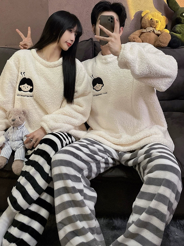 Autumn and Winter Coral Fleece Couple Pajamas Women's Flannel Cartoon Cute Women's Suit Winter Men's Home Wear