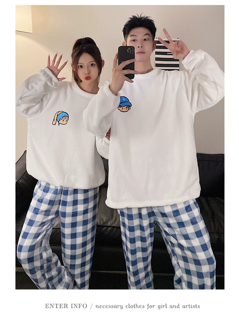 Women's Coral Fleece Cute Cartoon Gingham Couple Pajamas