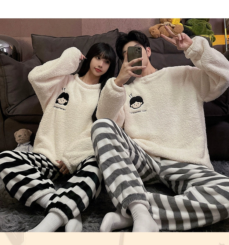Autumn and Winter Coral Fleece Couple Pajamas Women's Flannel Cartoon Cute Women's Suit Winter Men's Home Wear