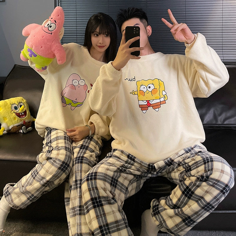 Women's Coral Fleece Cute Cartoon Gingham Couple Pajamas