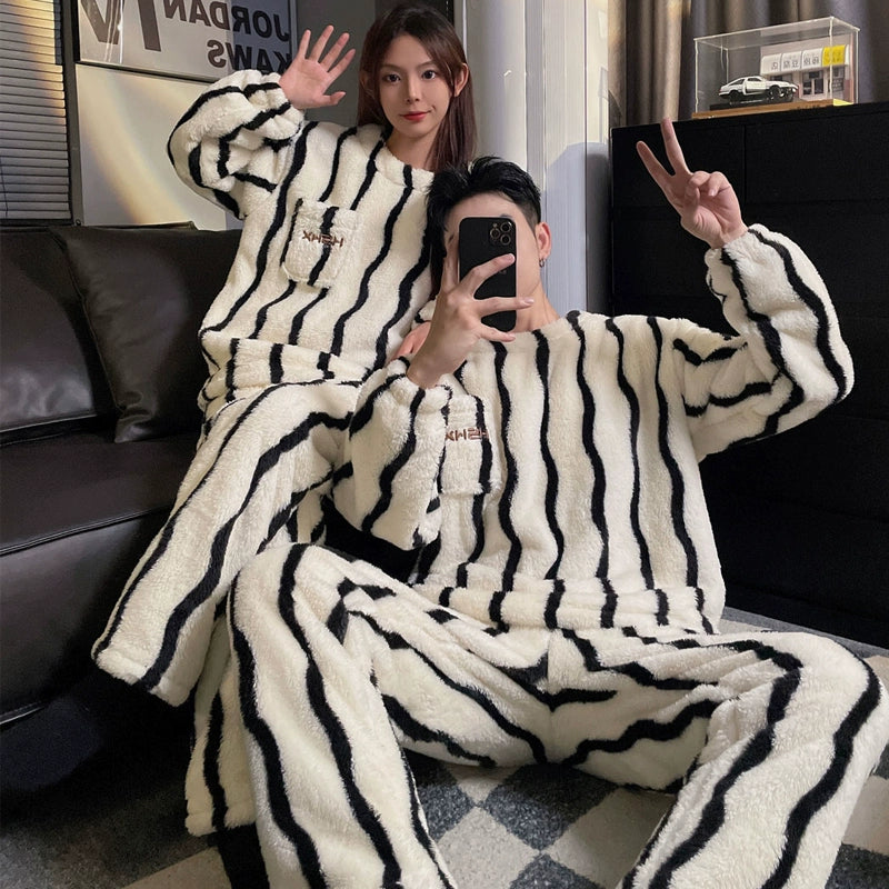 Couple Pajamas Women's Coral Fleece Winter Thickened Fleece-lined Autumn and Winter Day Flannel Plus Size Men's Home Wear Suit