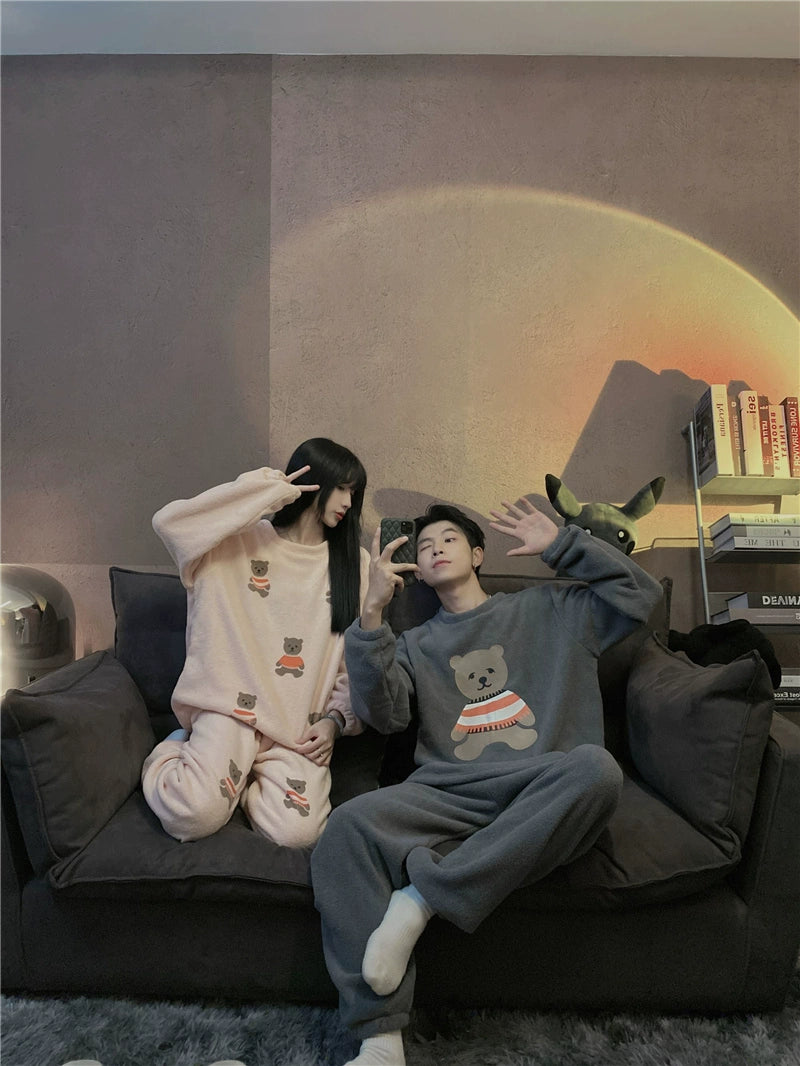 South Korea Bear Women's Thickened Flannel Couple Pajamas