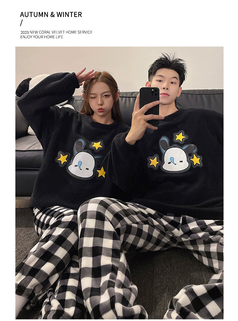 Autumn and Winter Coral Fleece Couple Pajamas Women's Flannel Cartoon Cute Women's Suit Winter Men's Home Wear