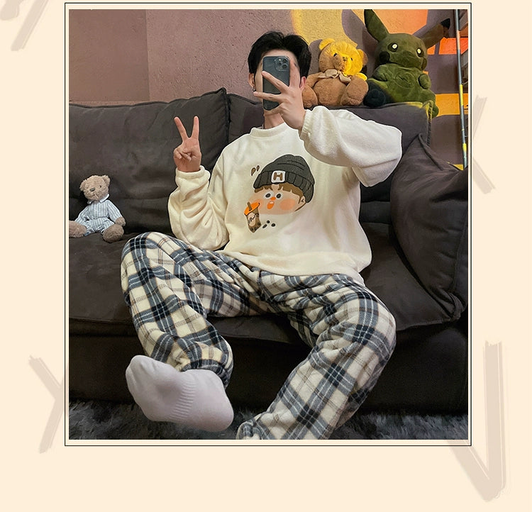 Autumn and Winter Coral Fleece Couple Pajamas Women's Flannel Cartoon Cute Women's Suit Winter Men's Home Wear