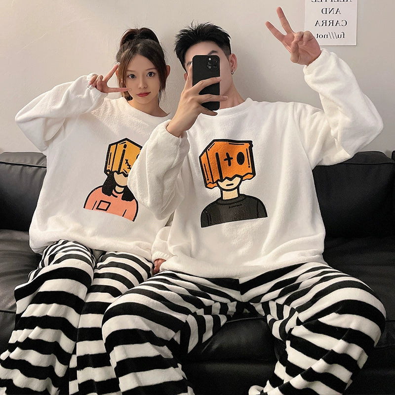 Women's Coral Fleece Cute Cartoon Gingham Couple Pajamas