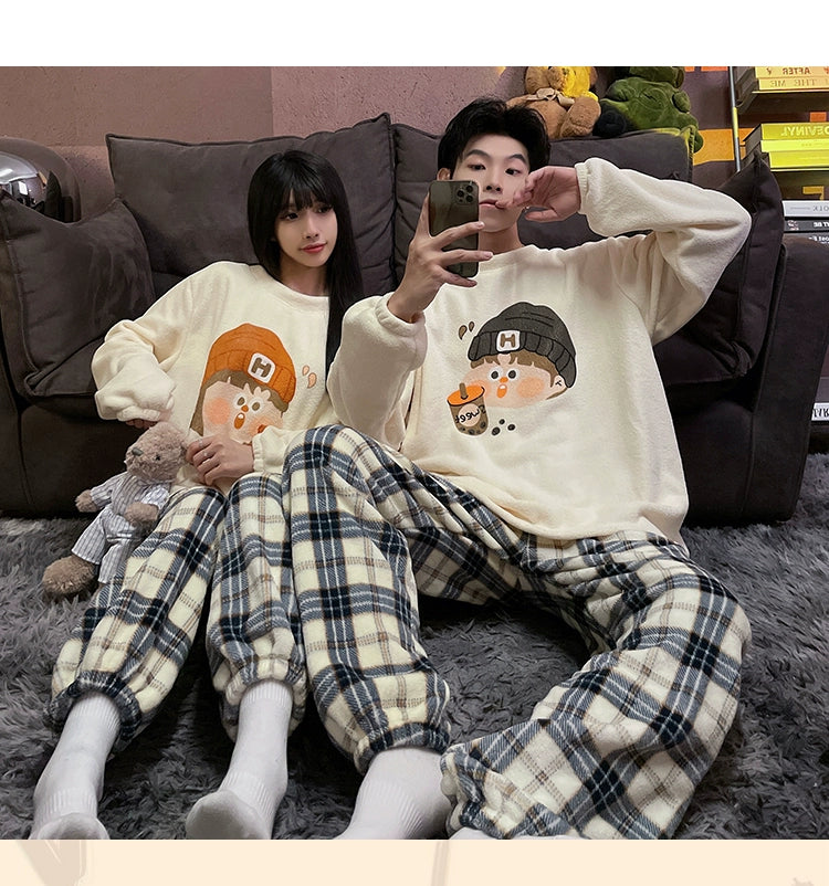 Autumn and Winter Coral Fleece Couple Pajamas Women's Flannel Cartoon Cute Women's Suit Winter Men's Home Wear