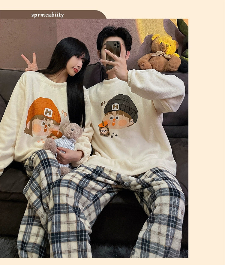 Autumn and Winter Coral Fleece Couple Pajamas Women's Flannel Cartoon Cute Women's Suit Winter Men's Home Wear