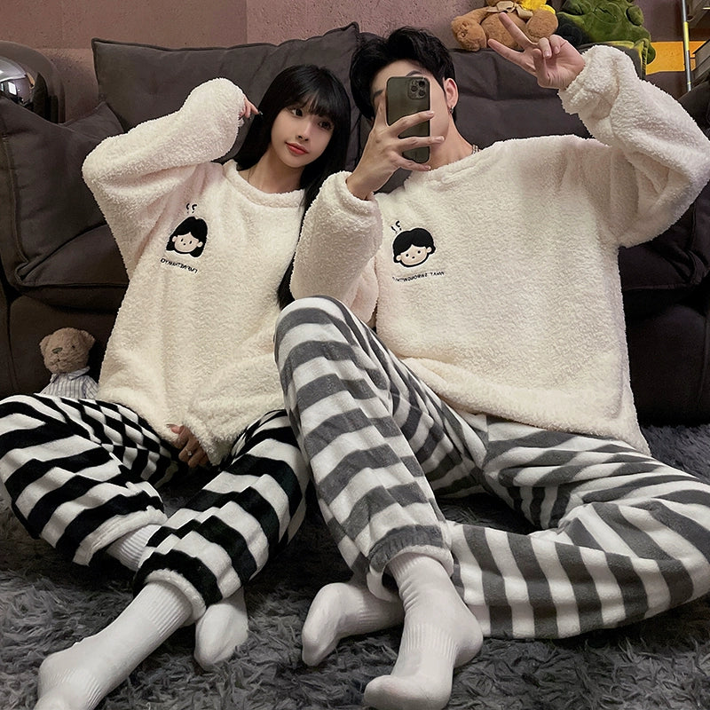 Couple Pajamas Women's Coral Fleece Winter Thickened Fleece-lined Autumn and Winter Day Flannel Plus Size Men's Home Wear Suit
