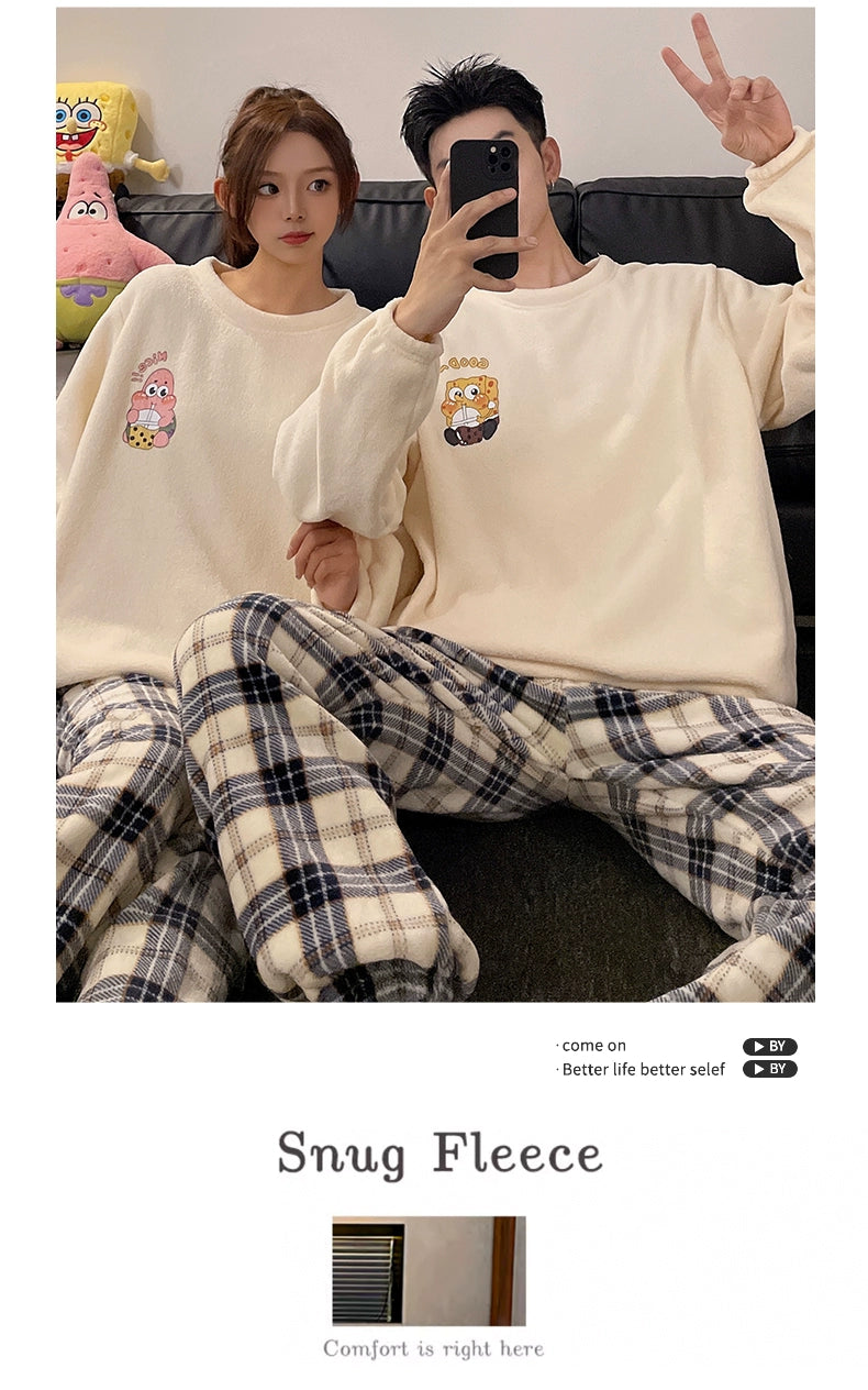 Couple Pajamas Women's Coral Fleece Winter Thickened Fleece-lined Autumn and Winter Day Flannel Plus Size Men's Home Wear Suit