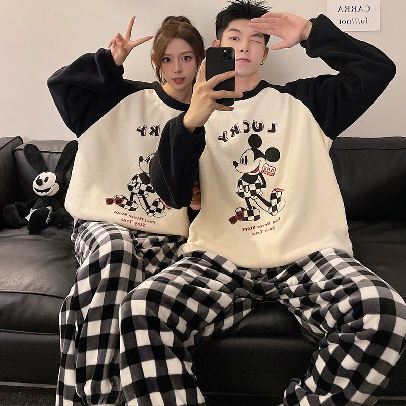 Women's Coral Fleece Cute Cartoon Gingham Couple Pajamas