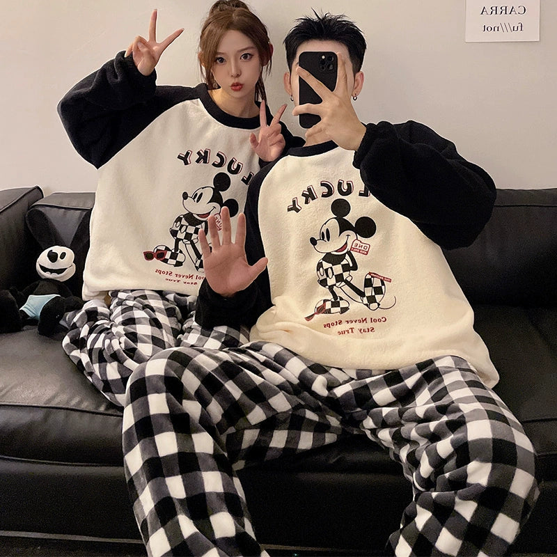 Autumn and Winter Coral Fleece Couple Pajamas Women's Flannel Cartoon Cute Women's Suit Winter Men's Home Wear
