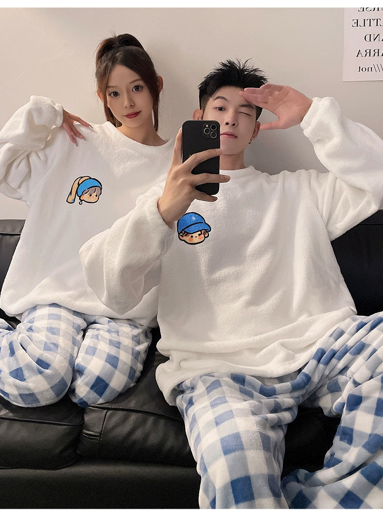 Women's Coral Fleece Cute Cartoon Gingham Couple Pajamas