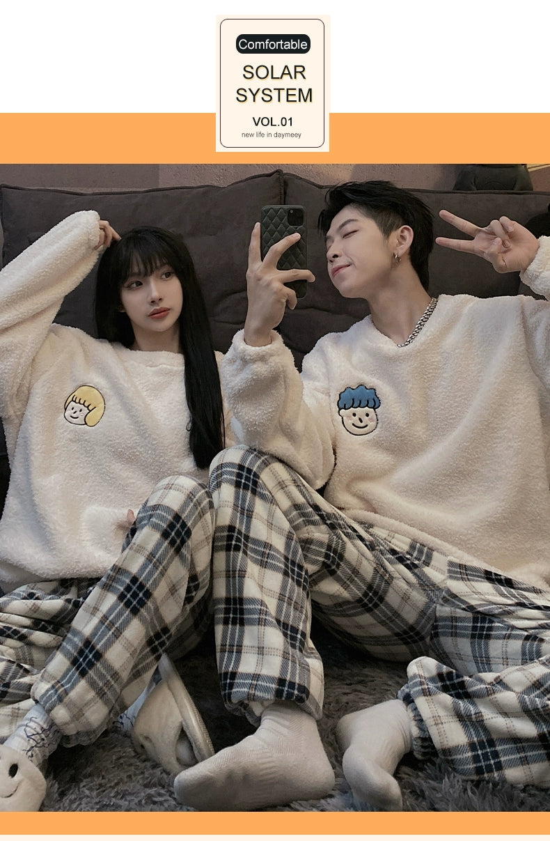 Autumn and Winter Coral Fleece Couple Pajamas Women's Flannel Cartoon Cute Women's Suit Winter Men's Home Wear