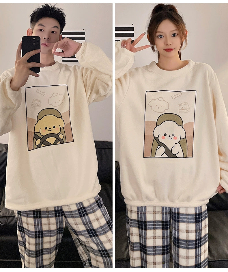 Autumn and Winter Coral Fleece Couple Pajamas Women's Flannel Cartoon Cute Women's Suit Winter Men's Home Wear