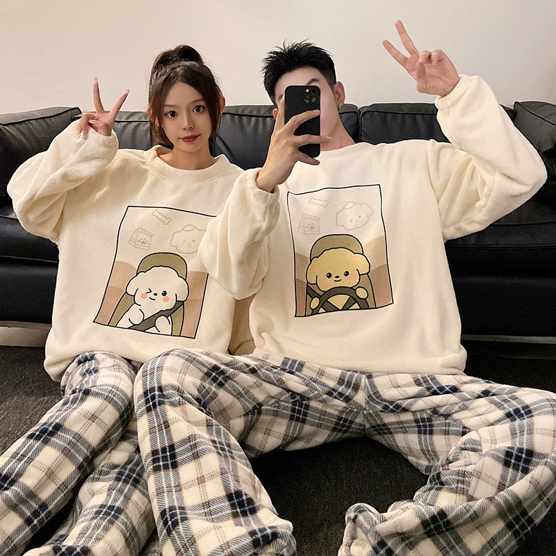 Autumn and Winter Coral Fleece Couple Pajamas Women's Flannel Cartoon Cute Women's Suit Winter Men's Home Wear