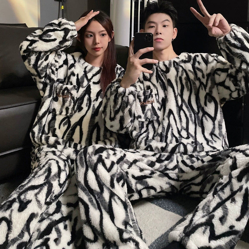 Couple Pajamas Women's Coral Fleece Winter Thickened Fleece-lined Autumn and Winter Day Flannel Plus Size Men's Home Wear Suit
