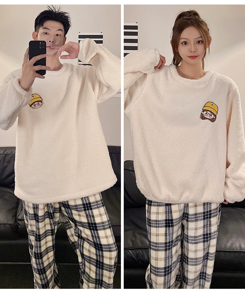 Autumn and Winter Coral Fleece Couple Pajamas Women's Flannel Cartoon Cute Women's Suit Winter Men's Home Wear