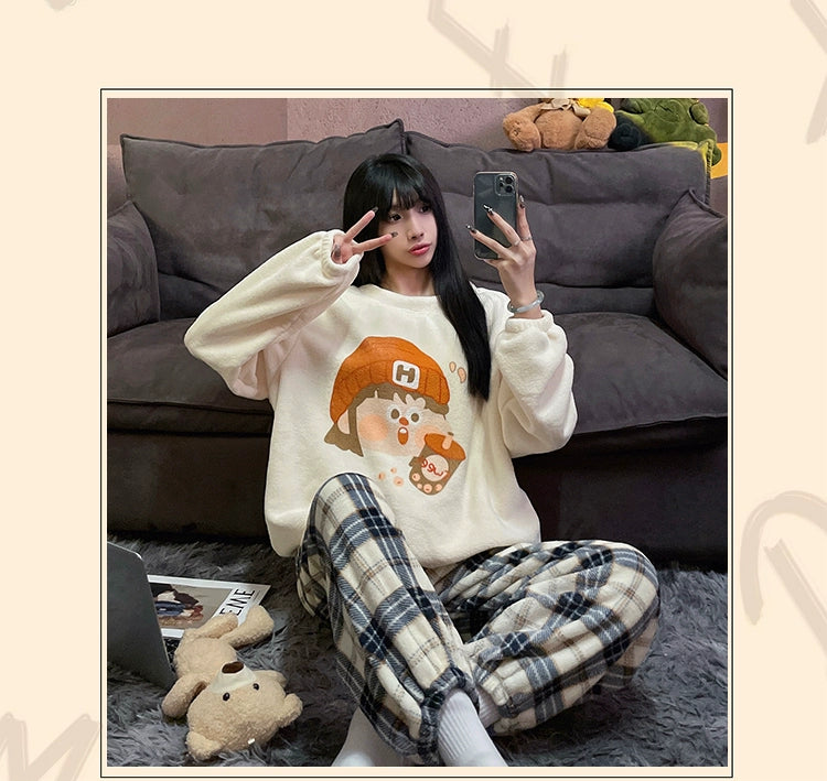 Autumn and Winter Coral Fleece Couple Pajamas Women's Flannel Cartoon Cute Women's Suit Winter Men's Home Wear