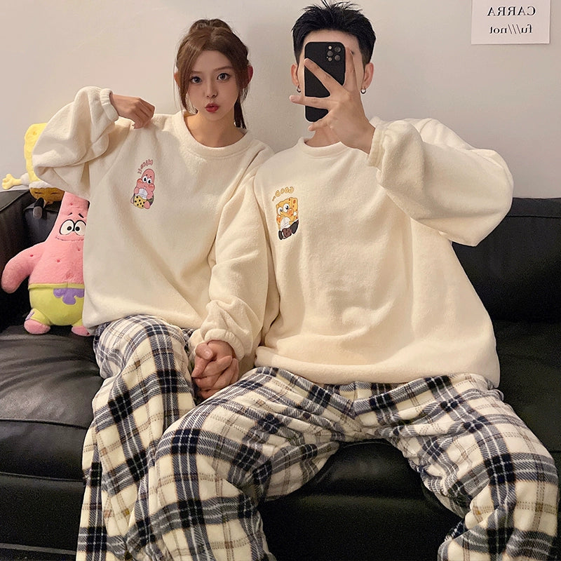 Autumn and Winter Coral Fleece Couple Pajamas Women's Flannel Cartoon Cute Women's Suit Winter Men's Home Wear