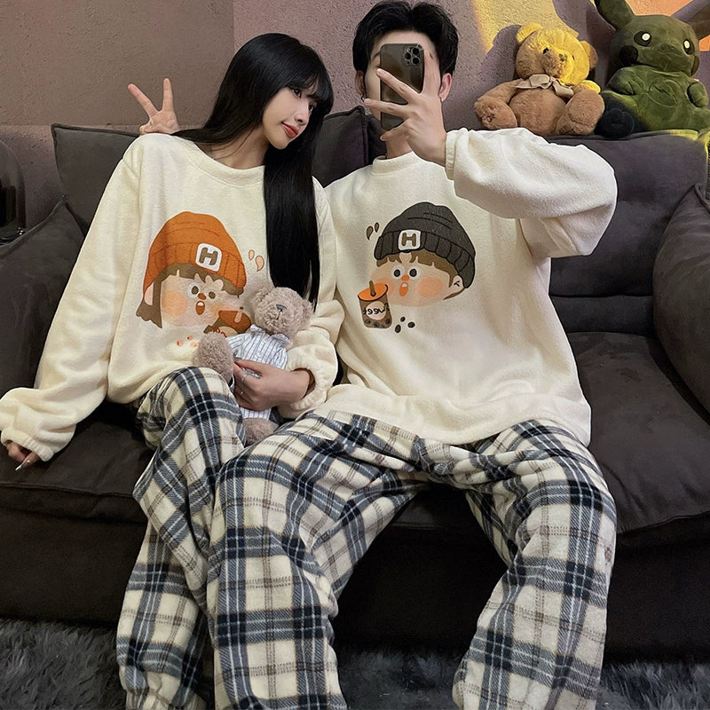Autumn and Winter Coral Fleece Couple Pajamas Women's Flannel Cartoon Cute Women's Suit Winter Men's Home Wear