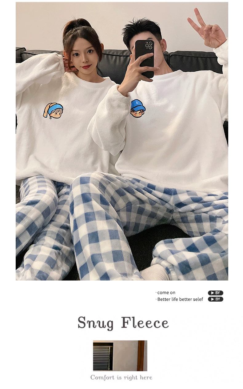 Women's Coral Fleece Cute Cartoon Gingham Couple Pajamas