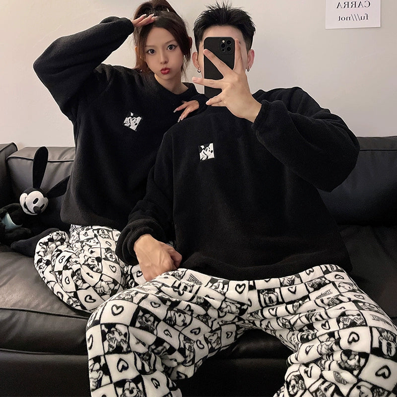 Autumn and Winter Coral Fleece Couple Pajamas Women's Flannel Cartoon Cute Women's Suit Winter Men's Home Wear