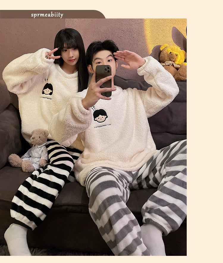 Autumn and Winter Coral Fleece Couple Pajamas Women's Flannel Cartoon Cute Women's Suit Winter Men's Home Wear