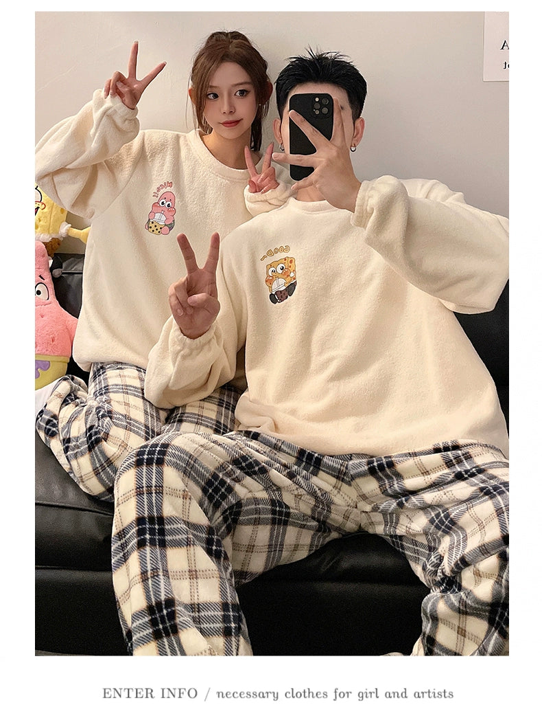 Couple Pajamas Women's Coral Fleece Winter Thickened Fleece-lined Autumn and Winter Day Flannel Plus Size Men's Home Wear Suit