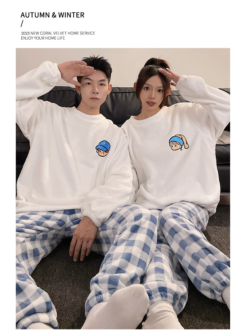 Women's Coral Fleece Cute Cartoon Gingham Couple Pajamas