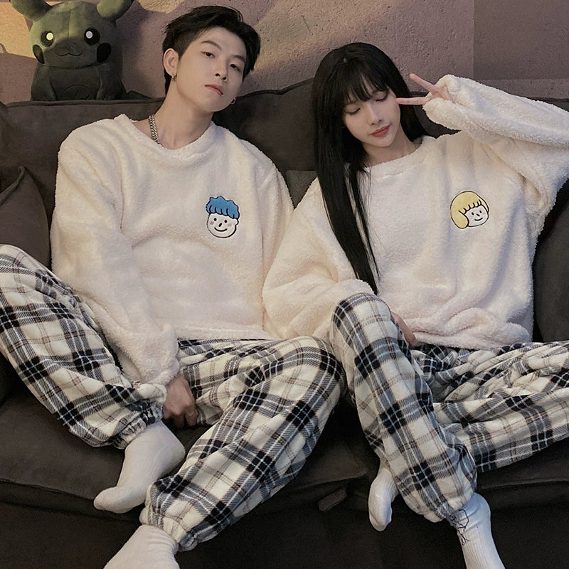 Autumn and Winter Coral Fleece Couple Pajamas Women's Flannel Cartoon Cute Women's Suit Winter Men's Home Wear