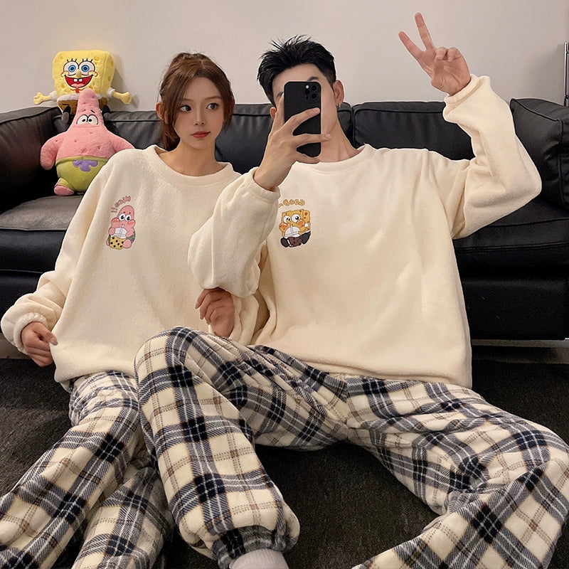Couple Pajamas Women's Coral Fleece Winter Thickened Fleece-lined Autumn and Winter Day Flannel Plus Size Men's Home Wear Suit