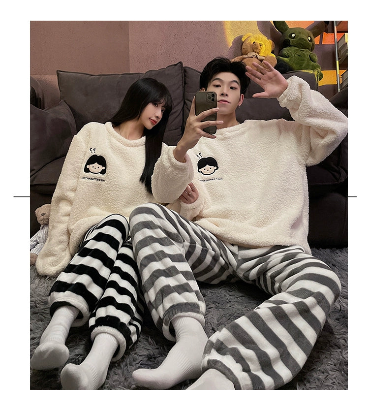 Autumn and Winter Coral Fleece Couple Pajamas Women's Flannel Cartoon Cute Women's Suit Winter Men's Home Wear