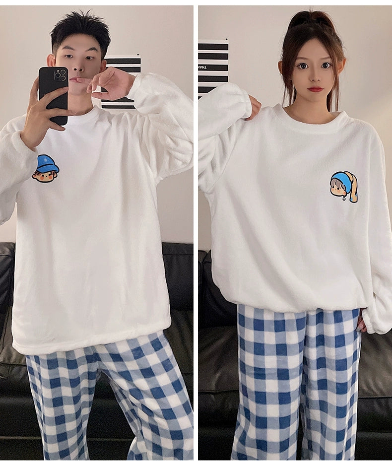Women's Coral Fleece Cute Cartoon Gingham Couple Pajamas