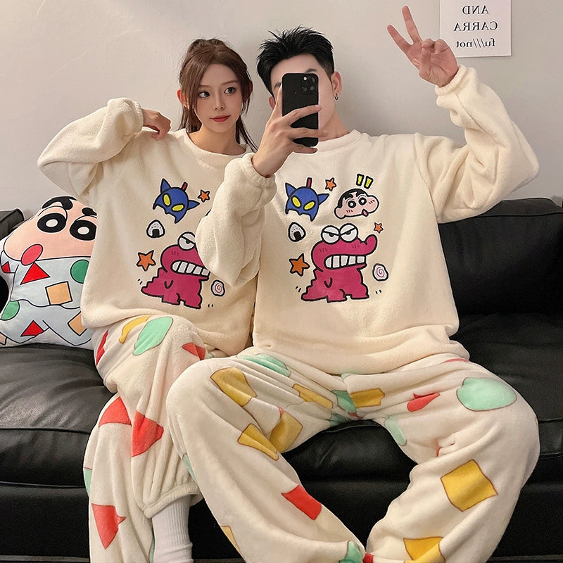 Women's Coral Fleece Cute Cartoon Gingham Couple Pajamas