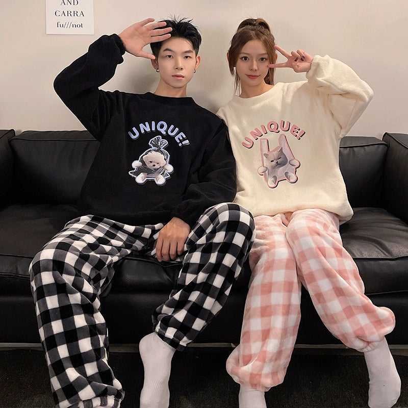 Women's Coral Fleece Cute Cartoon Gingham Couple Pajamas